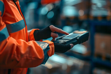 Close-up of a warehouse employee using a digital scanner to manage stock in a storage facility.