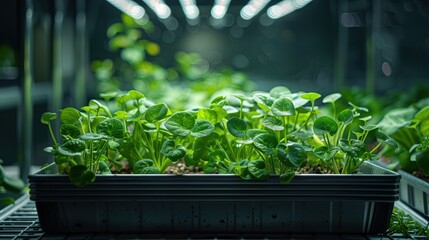 Seedlings in Controlled Environment. Seedlings growing in a controlled environment, showcasing the advancements in agricultural technology for optimal plant growth.