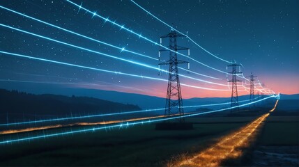 Electricity infrastructure and high voltage network: energy distribution with power towers at night and industrial transmission grid under starry silhouette