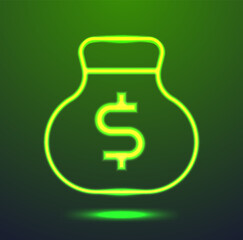 Green neon money bag with dollar icon. Glowing line finance symbol