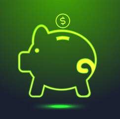 Green neon piggy bank with coin. Glowing money box sign on dark background