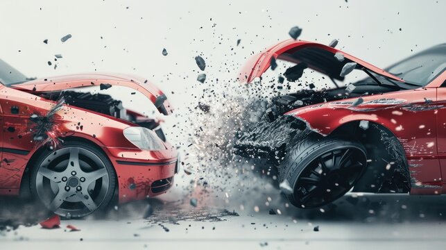 Car fronts crash into each other on white background