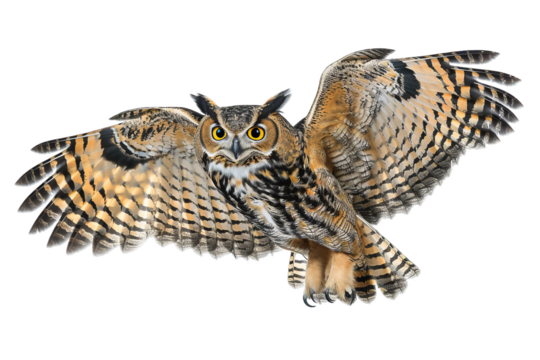 Close up owl flying, isolated on transparent background