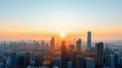 Fototapeta premium Modern City Skyline at Dusk. Panoramic view of a modern city skyline at dusk, featuring tall skyscrapers and a vibrant sunset in the background.
