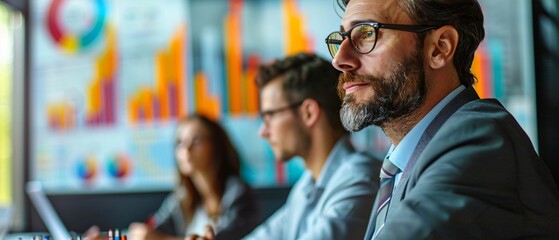 Strategic Planning Session Business Professionals Deliberating Growth Opportunities and Analyzing Data in Vibrant Illustration