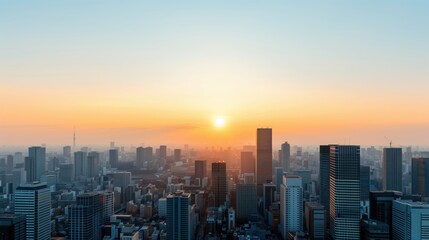 Obraz premium Sunset Over Urban Skyscrapers. Breathtaking sunset over a city filled with tall skyscrapers, creating a beautiful contrast of light and shadow.