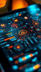 Obraz premium Antivirus update notification on tablet screen, closeup, progress bar, security icons.