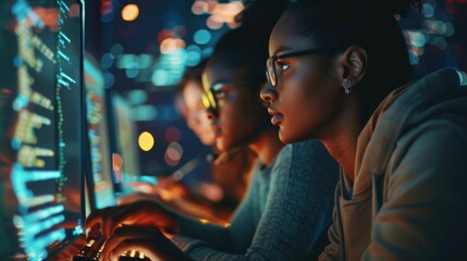 Focused female programmers working late at the office, coding and designing software in a high-tech environment with multiple screens.