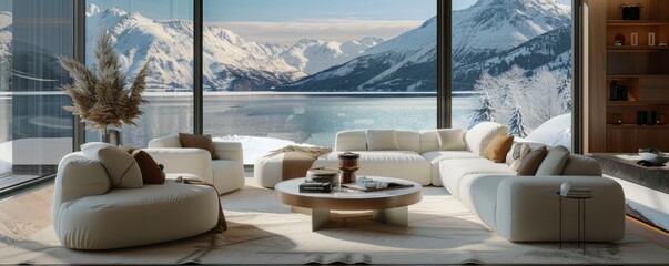 Fototapeta premium Living room with minimalist decor, panoramic window, and view of winter mountains