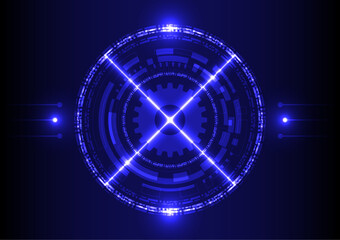 Abstract technology style background, theme of cross laser light on tech circle with gear in the center, with lights