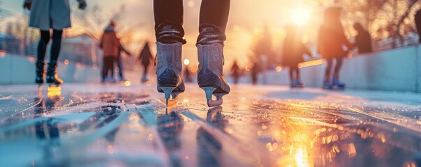 close-up view captures the exhilarating sight of people gracefully skating on an ice rink, bathed in the warm glow of sunset light, with blurred figures walking in the background