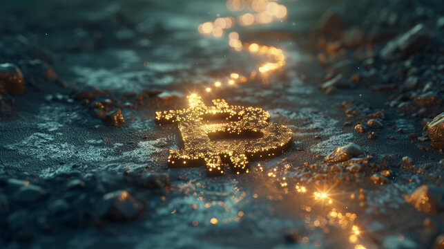 Along the path, small lights in the shape of the bitcoin symbol guide the way, symbolizing the growing acceptance and understanding of crypto values