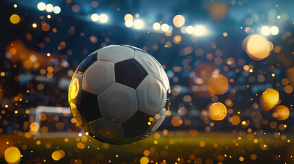Obraz premium A soccer ball in closeup flying in the air on a big soccer field stadium at night filled with stadium lights.