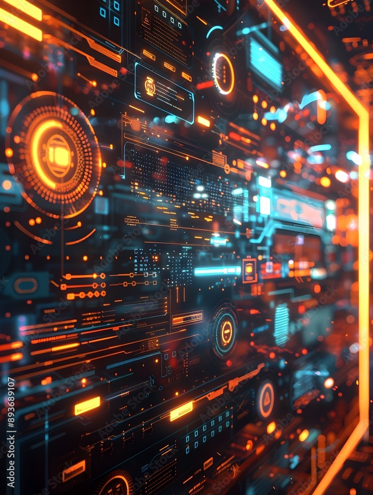 Poster sleek virtual interface with floating data controls and cyber high tech background