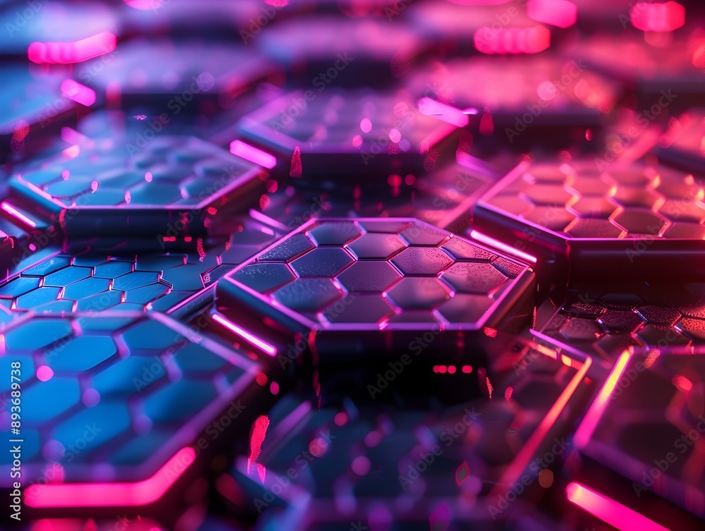 Wall mural glowing neon hexagon pattern representing advanced technology and connectivity