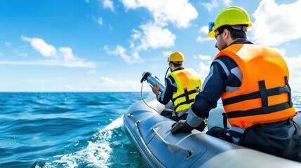 Obraz premium Two researchers on an inflatable boat conducting marine data collection in open ocean waters, wearing safety gear under a clear blue sky.