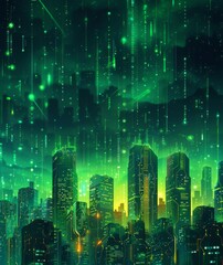 Obraz premium Futuristic Smart Cyber City illustration: Innovative Urban Landscape, futuristic technology and cyber punk concept, Graphic Resources, Wallpapers, Brochure, Websites, banner, Advertising, background