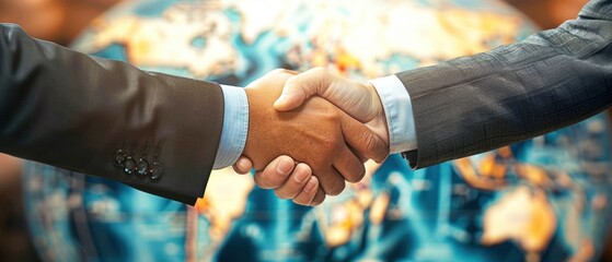 Two business professionals shaking hands in front of a world map, symbolizing global partnership and successful deal-making.