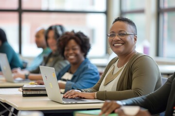 In a diverse adult classroom, students collaborate actively using laptops during study sessions, creating an engaging educational environment. Technology and teamwork enhance inclusive learning