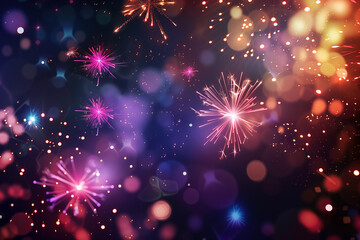 Fototapeta premium A background of colorful fireworks, sparkling lights and bokeh effects. The dark background features vibrant colors and sparkles creating an enchanting atmosphere for New Year's celebration.