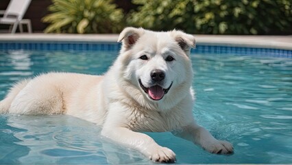 White alaskan malamute dog in the swimming pool