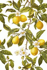 Vibrant lemon tree pattern with blossoms and fruit