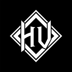 HV Letter logo abstract shield shape with square white outline on black background template
