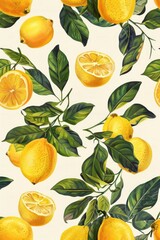 Obraz premium Lemon pattern with lush greenery on light background
