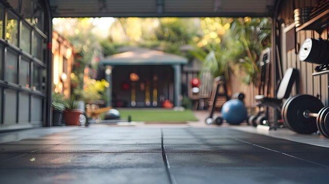 Blurred View of Converted Garage Home Gym with Fitness Equipment and Ample Copy Space
