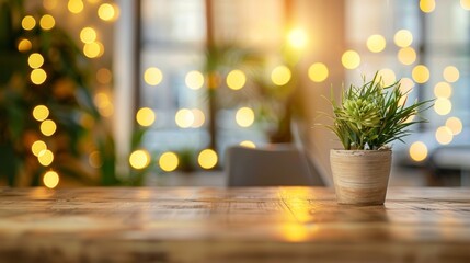 A small potted plant sits on a wooden table in front of a window