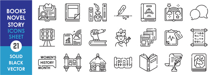A set of line icons related to books, novel and story. Books, novel, ancient, speech, myth, horror, old, history, hut, feather, and so on. Vector outline icons set.