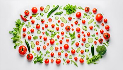 Advertising - product photo of in the center in the shape of a circle there are many small lying vegetables tomatoes greens cucumbers on a white background