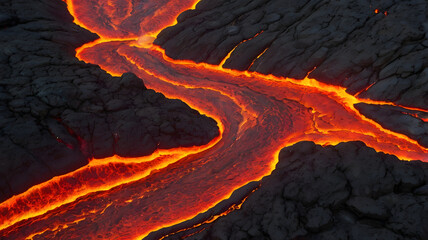 Lava Flowing from an Erupting Volcano with Smoke