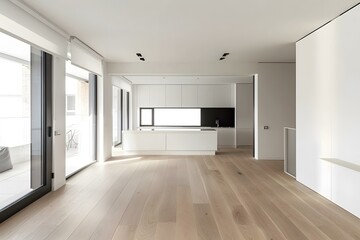 Modern Minimalist White Kitchen and Living Room Interior Design