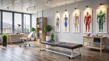 Modern physiotherapy clinic setup with professional business cards, exercise bands, and detailed anatomy chart on wall, inviting patients for holistic treatment and rehabilitation.