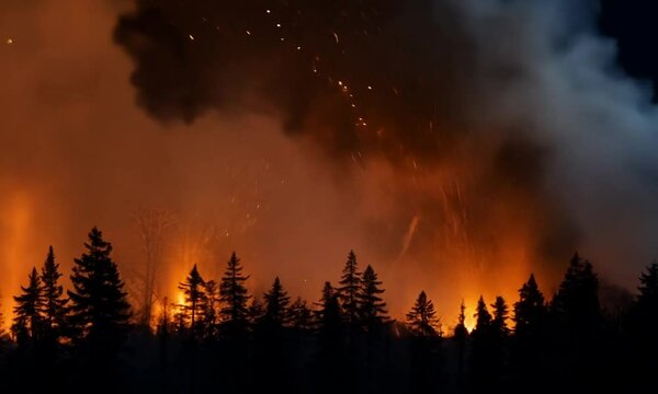 Burning forest at night. Natural disaster. Fire in the forest. Inferno with forrest on fire.	