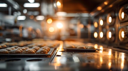 Blurry Interior View of Commercial Bakery Kitchen with Industrial Oven and Baking Trays