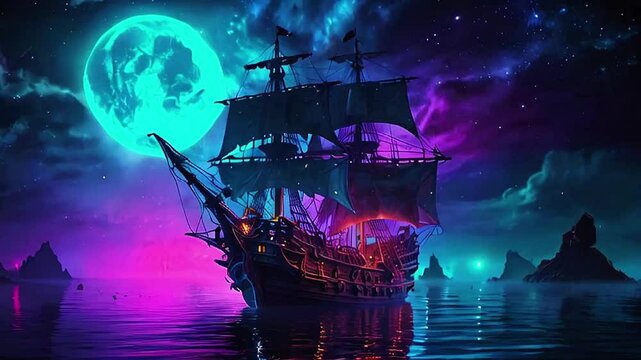 pirate ship in the night.Seamless 4k time lapse virtual video animation background