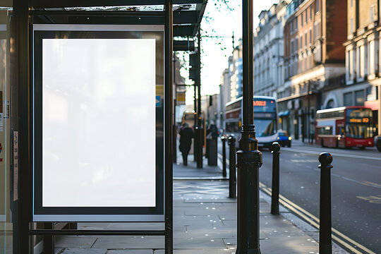 Verticle digital billboard poster on the bus stop. Blank white signboard mockup for advertisement offers, and marketing. AI generated