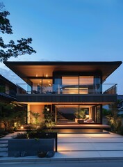 Fototapeta premium Modern Japanese House with Large Windows and a Patio