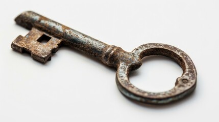 rusted door key on white background