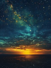 Obraz premium A vibrant transition from sunset to starry night sky over the ocean, showcasing a spectrum of colors and natural beauty.