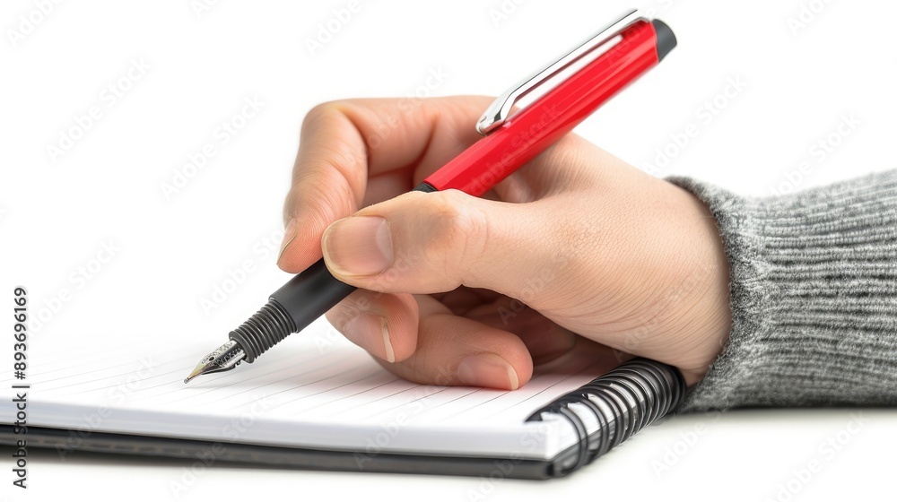 Poster education concept pen in hand with notebook on white background