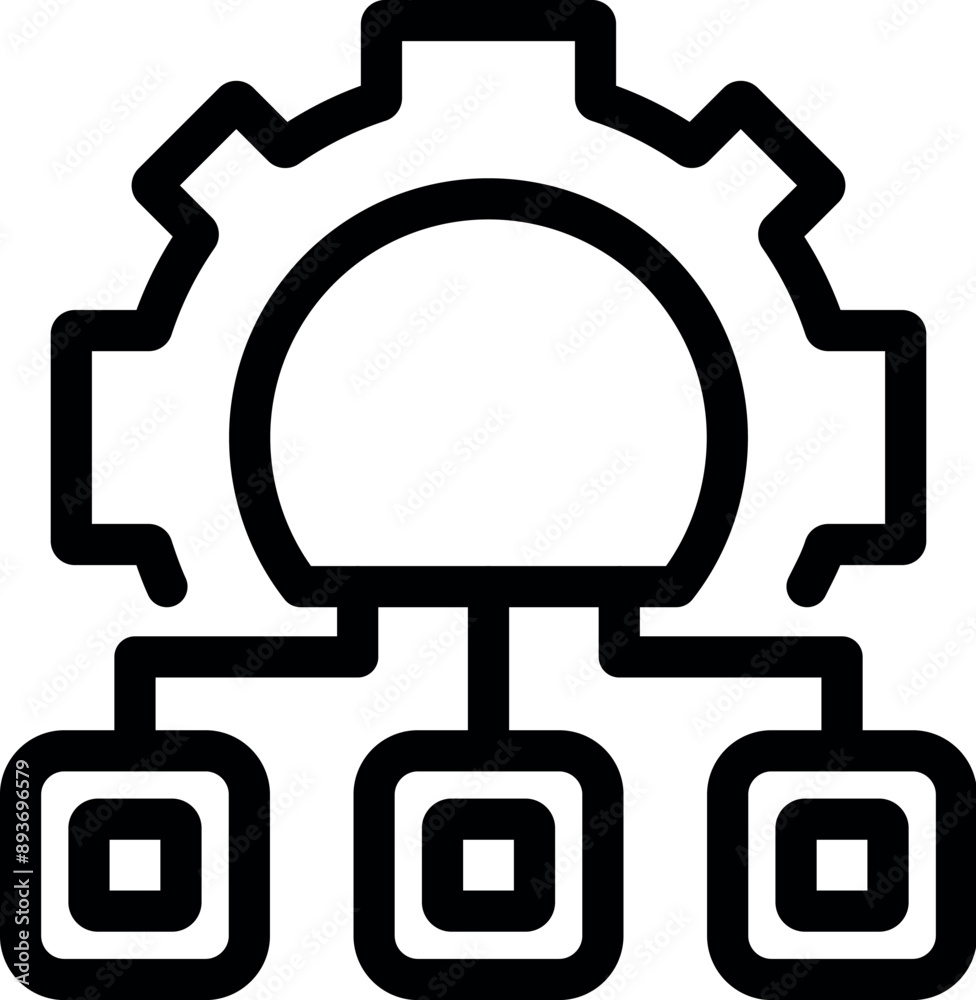 Poster line art icon of a big cogwheel connected to three processing units representing automation process