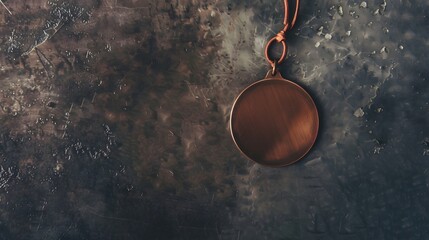 A copper medal hangs on a dark textured background.