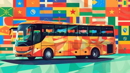 Colorful hand-drawn illustration.A tourist bus on the background of flags of different countries