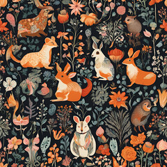 Vibrant Whimsical Pattern: Adorable Animals & Floral Motifs Seamlessly Combined