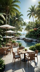 Fototapeta premium Relaxing patio setting with wooden furniture, white umbrellas, and a lush tropical garden background.