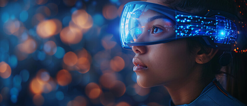 Woman Wearing Futuristic Virtual Reality Headset Exploring Cyberspace, Woman Wearing Futuristic Virtual Reality Headset Exploring Cyber