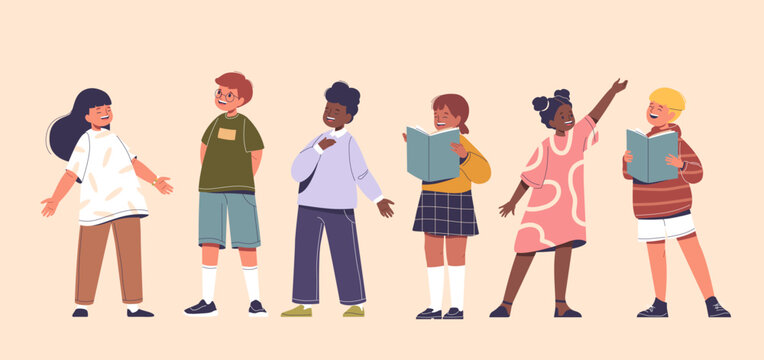 Cheerful Group Of Diverse Children Singing In A Choir. Kids Holding Books And Appear Joyful As They Sing Together